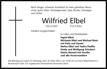 Traueranzeige von Wilfried Elbel von Pegnitz-Zeitung